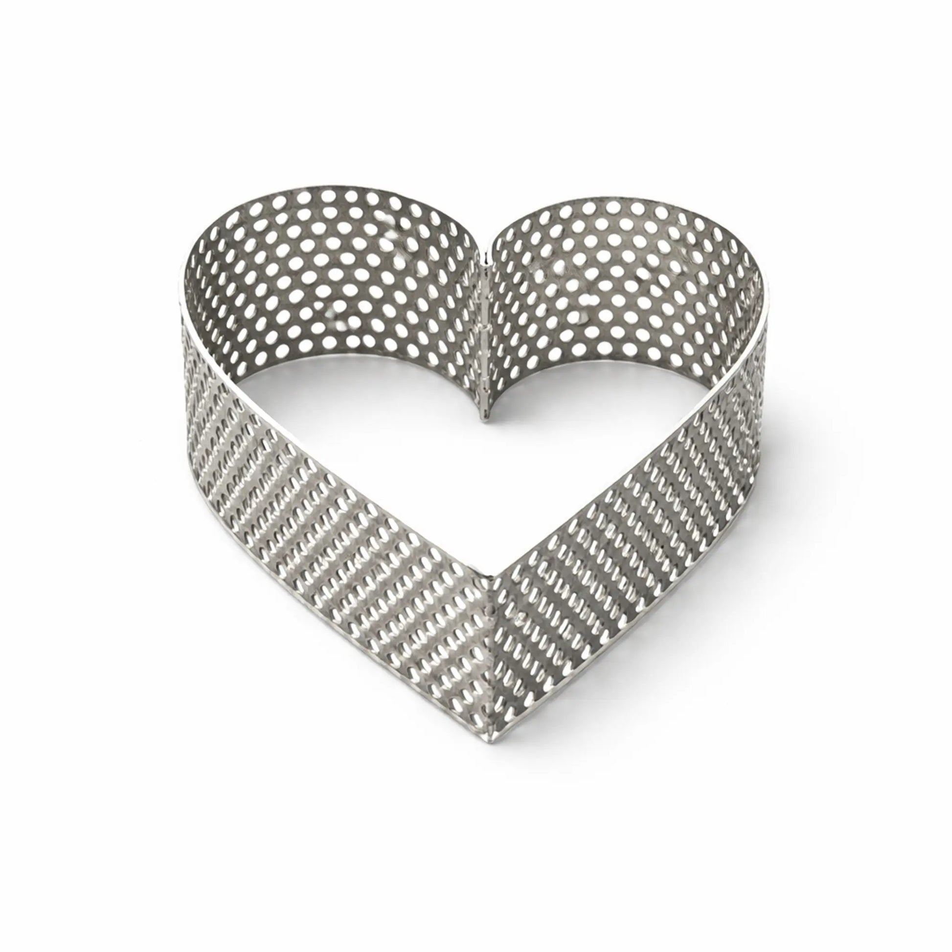 Front view of perforated stainless steel heart pastry ring AISI 304 on white background