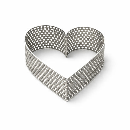 Front view of perforated stainless steel heart pastry ring AISI 304 on white background
