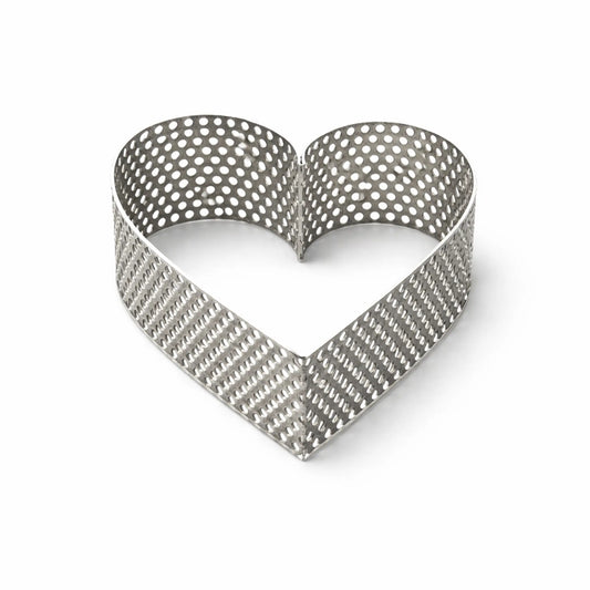 Front view of perforated stainless steel heart pastry ring AISI 304 on white background