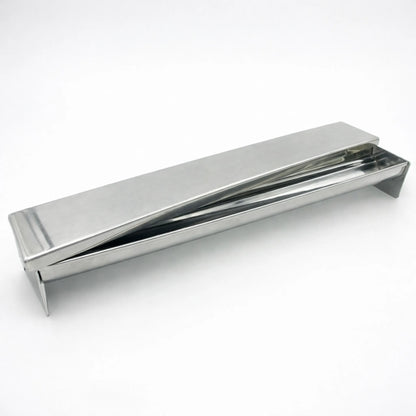 Professional stainless steel Clover Shape terrine mold with its flat sliding lid partially open, resting on a white background