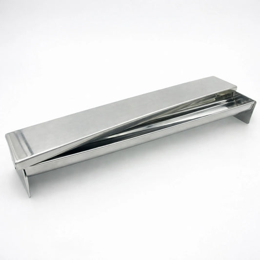 Professional stainless steel Clover Shape terrine mold with its flat sliding lid partially open, resting on a white background