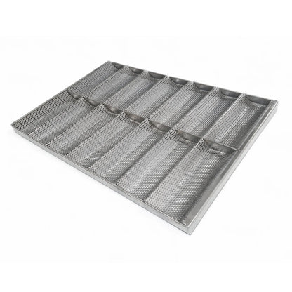 Angle view of professional perforated stainless steel baguette tray with 14 molds 600x400x30 mm