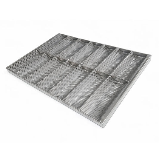 Angle view of professional perforated stainless steel baguette tray with 14 molds 600x400x30 mm