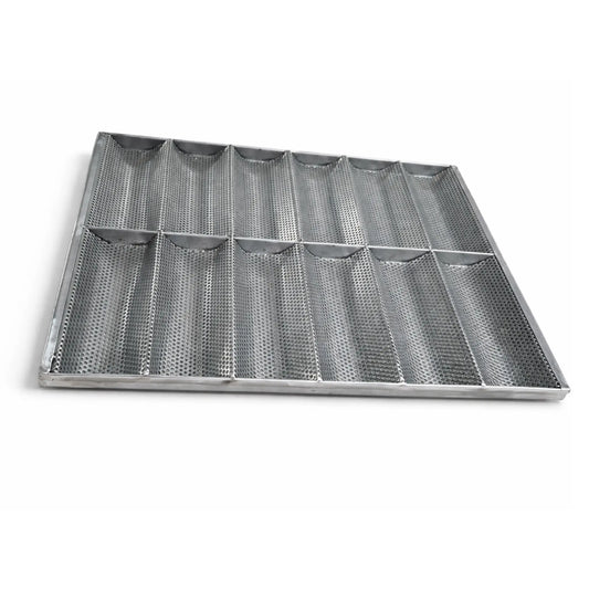 Front view of professional perforated stainless steel baguette tray with 14 molds 600x400x30 mm