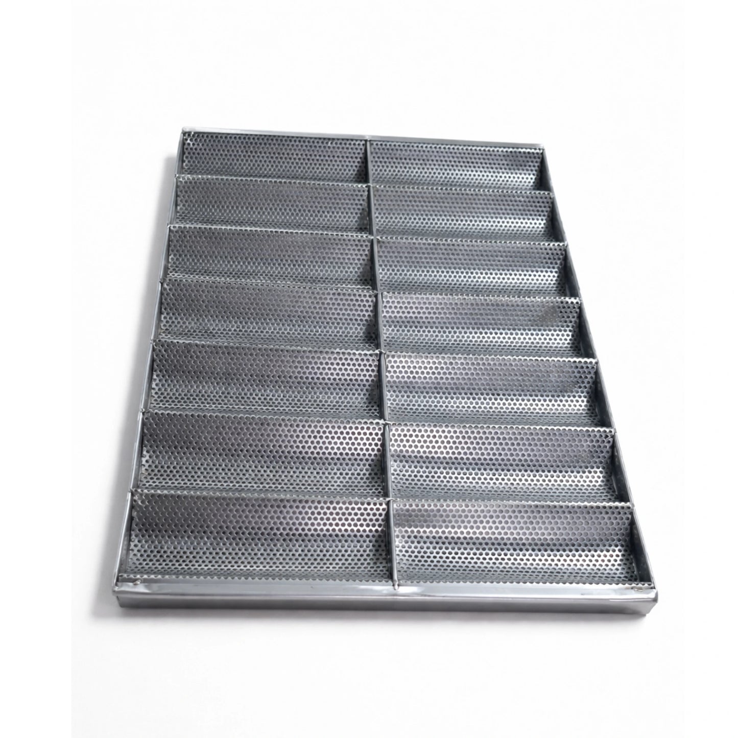 Top view of professional perforated stainless steel baguette tray with 14 molds 600x400x30 mm