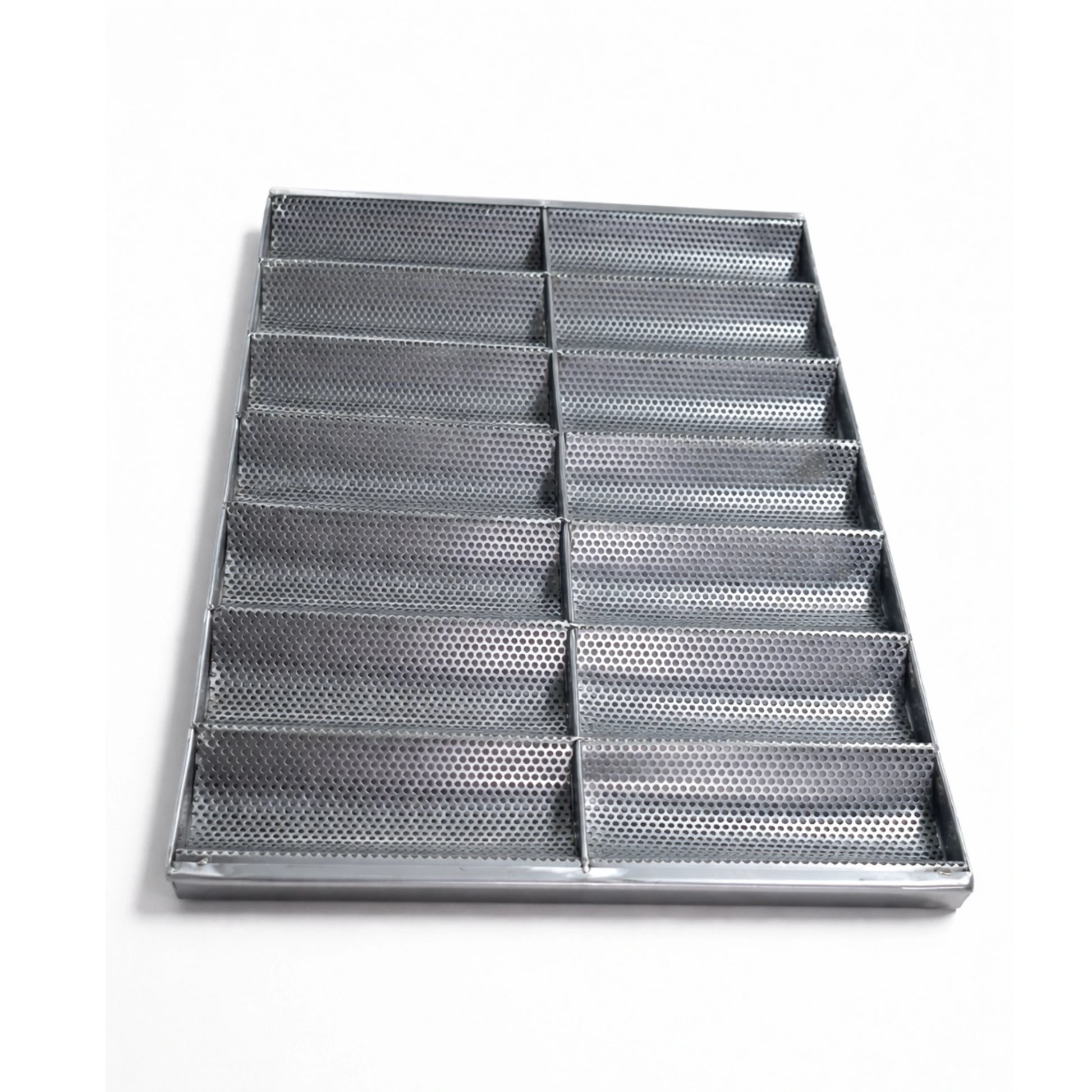 Top view of professional perforated stainless steel baguette tray with 14 molds 600x400x30 mm