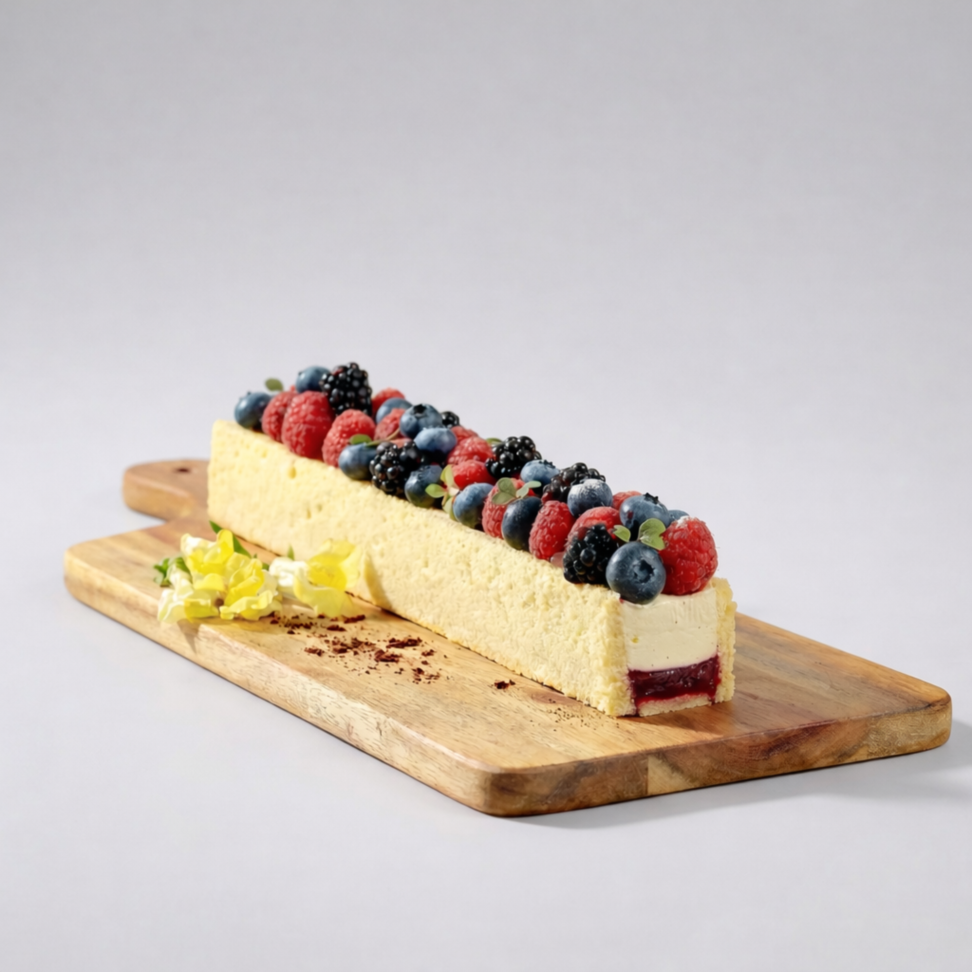 Elegant rectangular berry mousse cake made in a professional stainless steel terrine mold. Perfect sharp edges for modern pastry plating.