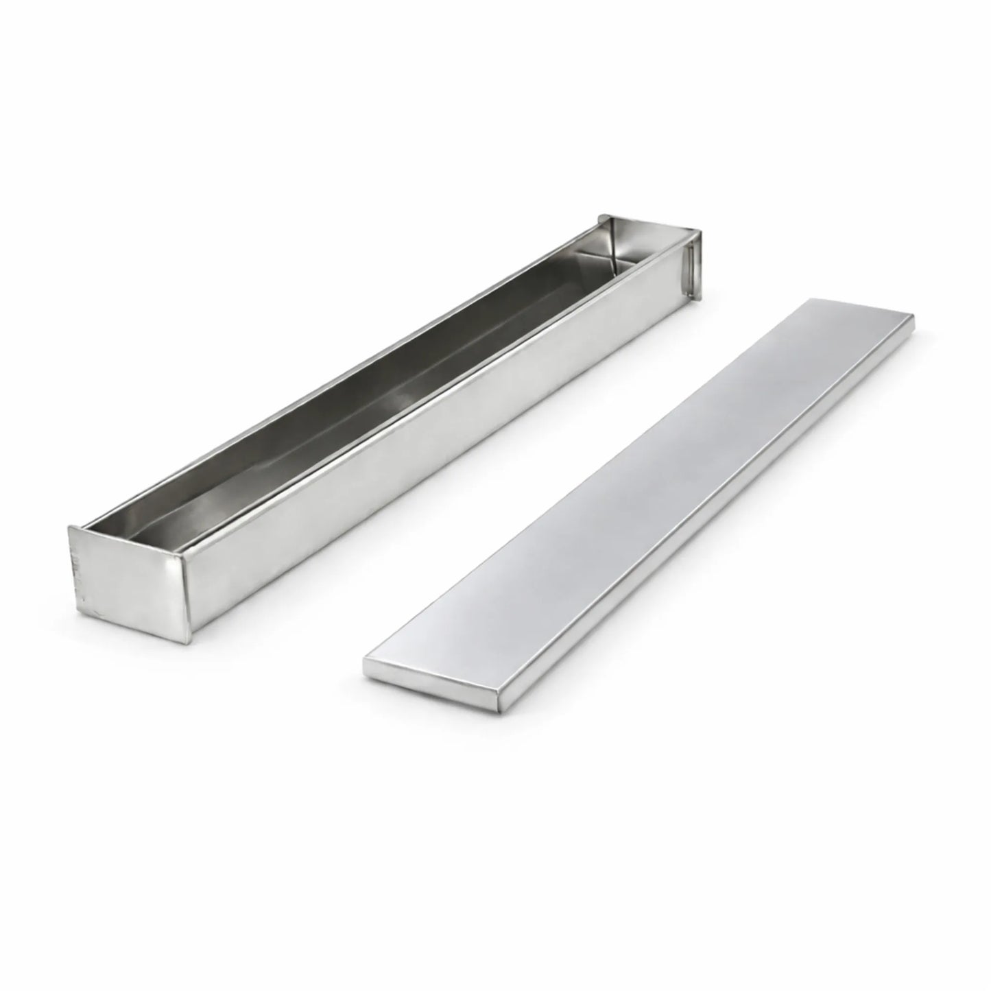Studio view of the rectangular stainless steel terrine mold with the flat press lid removed, showing the straight vertical walls for classic block pâté.