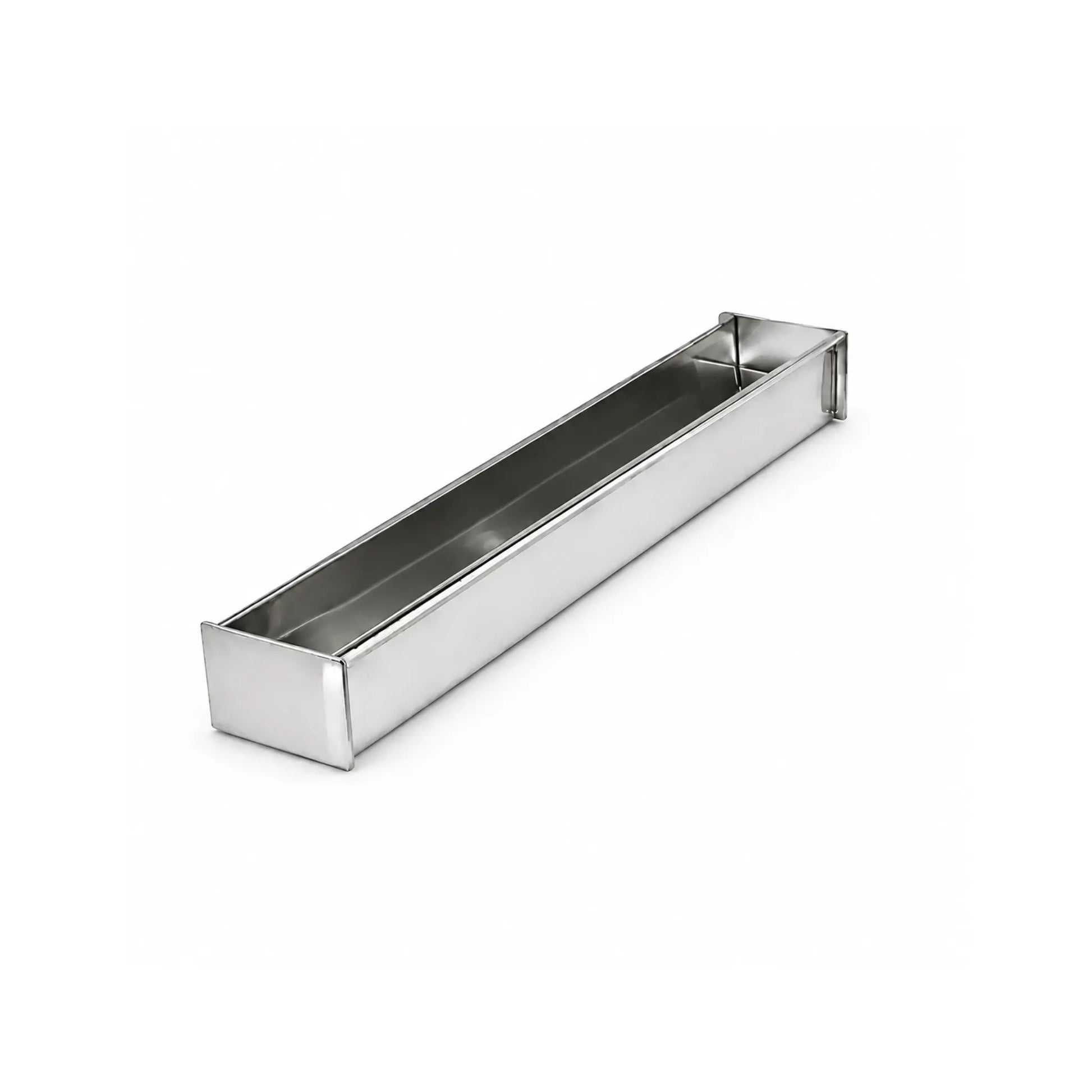 Studio view of the rectangular stainless steel terrine mold, showing the straight vertical walls for classic block pâté.