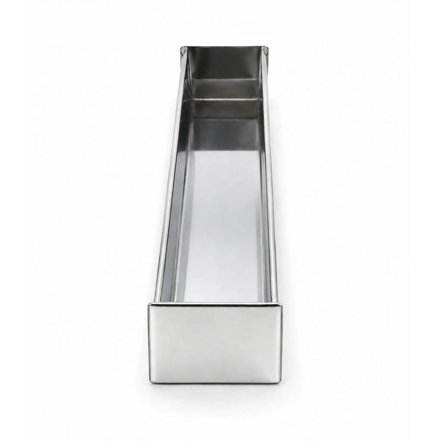 Studio photograph of the professional stainless steel rectangular terrine mold , showing the straight interior walls for block-style pâté.