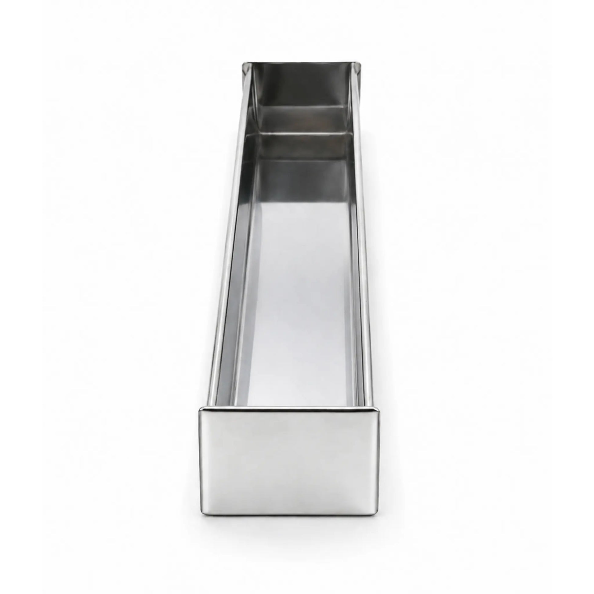 Studio photograph of the professional stainless steel rectangular terrine mold , showing the straight interior walls for block-style pâté.