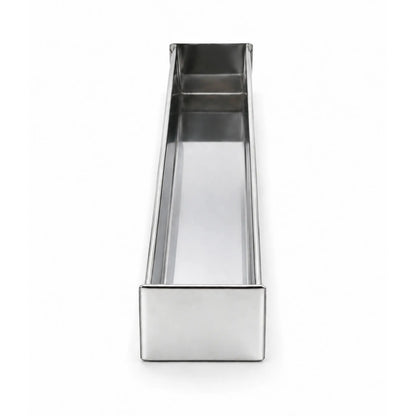 Studio photograph of the professional stainless steel rectangular terrine mold , showing the straight interior walls for block-style pâté.