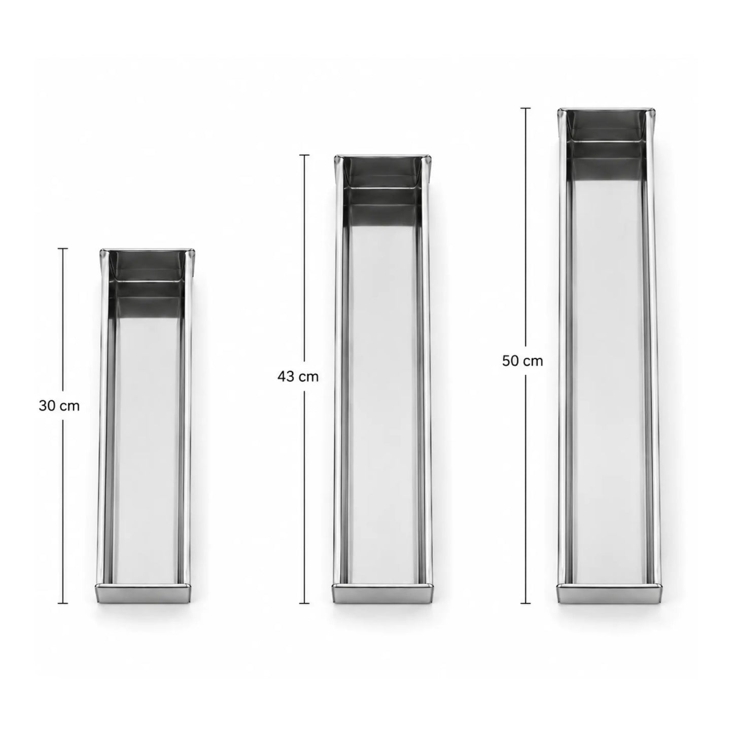 Rectangular stainless steel terrine mold shown in three sizes, 30 cm, 43 cm and 50 cm for classic block pâté.