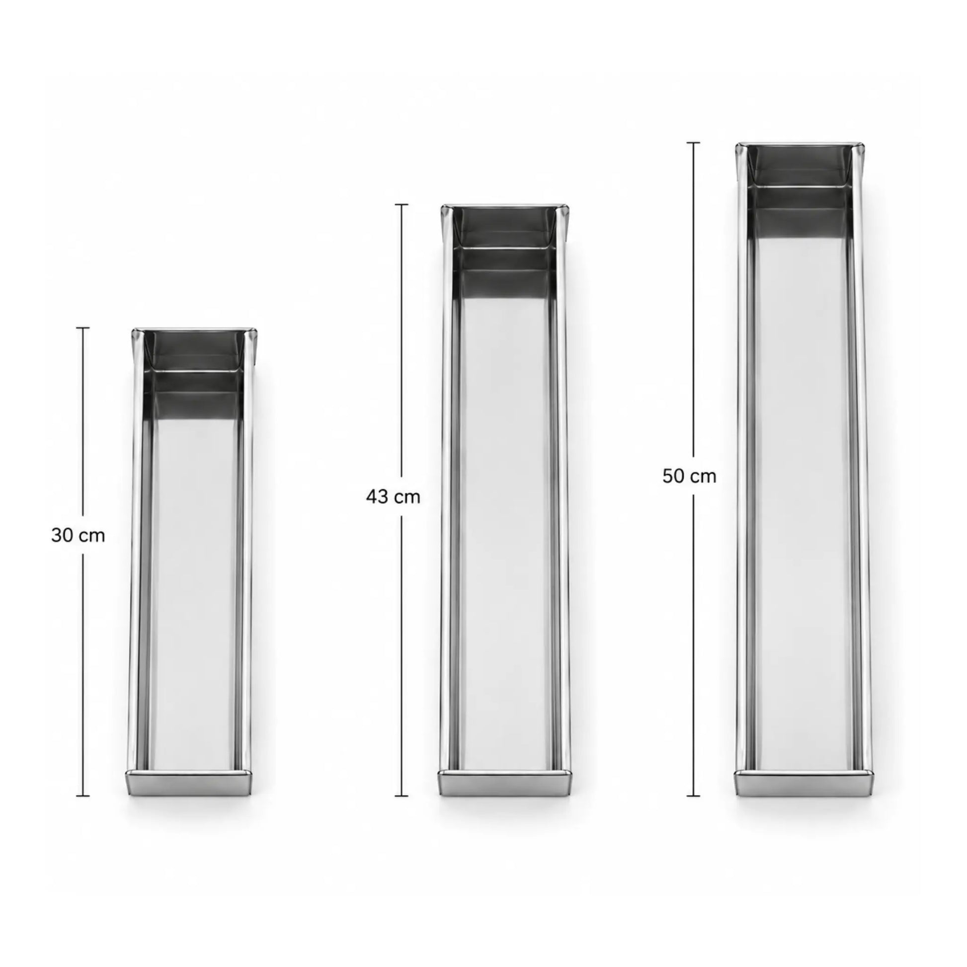 Rectangular stainless steel terrine mold shown in three sizes, 30 cm, 43 cm and 50 cm for classic block pâté.