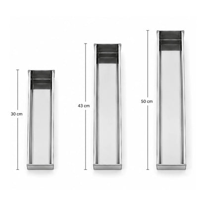 Rectangular stainless steel terrine mold shown in three sizes, 30 cm, 43 cm and 50 cm for classic block pâté.