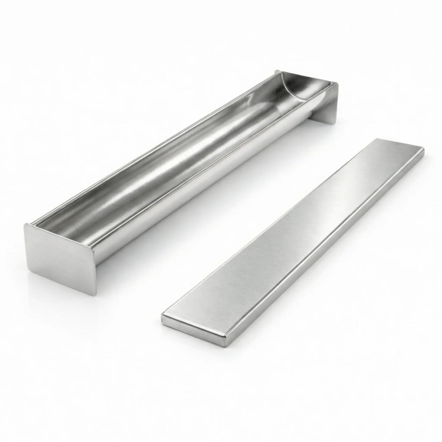 Professional semicircle U-shaped stainless steel terrine mold with matching lid, open view showing the smooth curved interior for gourmet appetizers.
