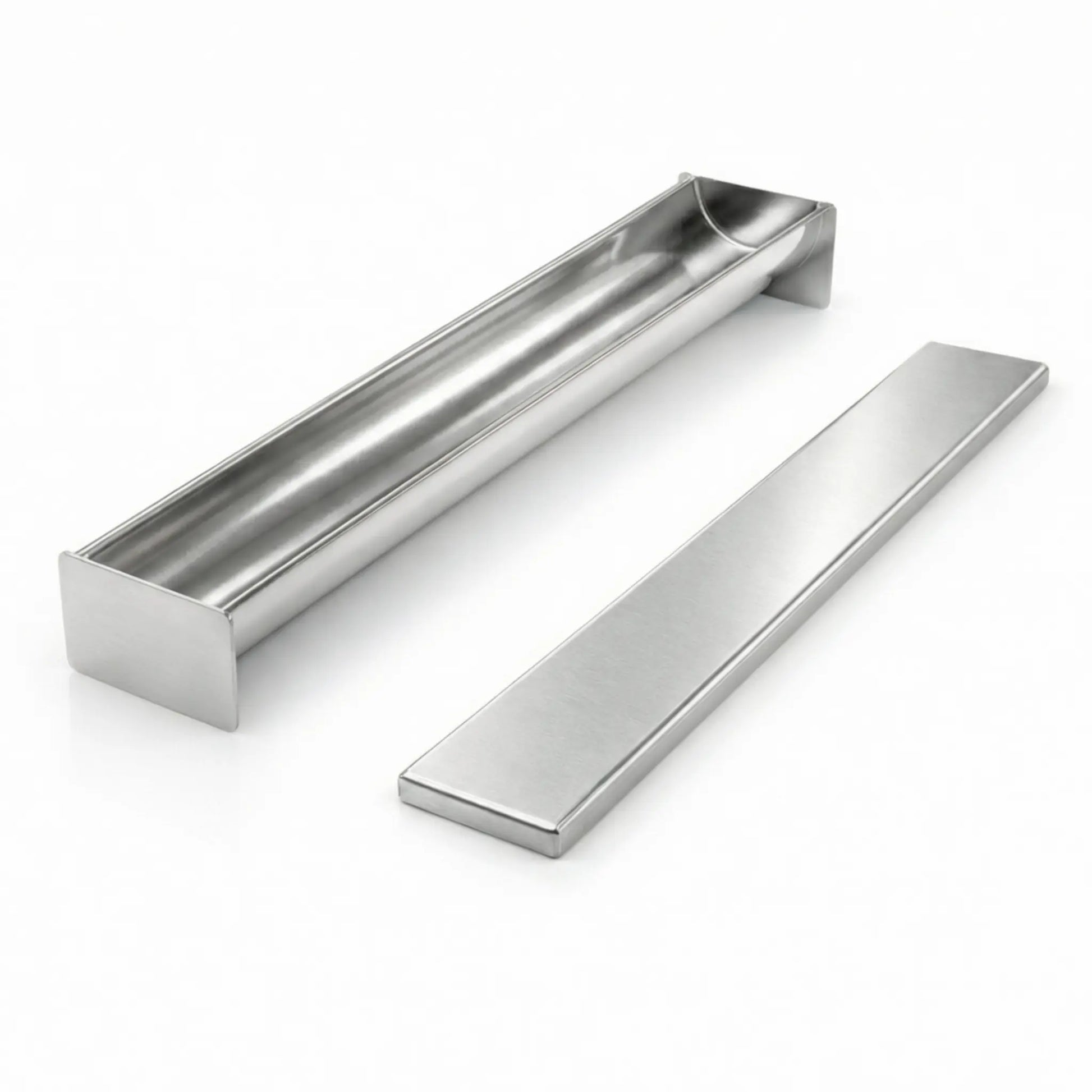 Professional semicircle U-shaped stainless steel terrine mold with matching lid, open view showing the smooth curved interior for gourmet appetizers.
