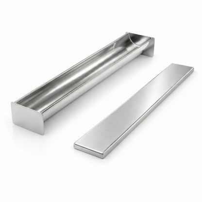 Professional semicircle U-shaped stainless steel terrine mold with matching lid, open view showing the smooth curved interior for gourmet appetizers.