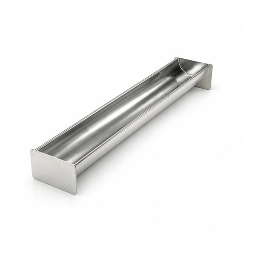 Professional semicircle U-shaped stainless steel terrine mold, open view showing the smooth curved interior for gourmet appetizers.