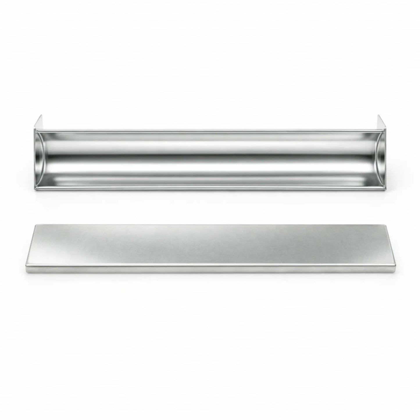 Top view of a professional semicircle stainless steel terrine mold and its matching press lid, designed for creating uniform rounded pâtés and appetizers.