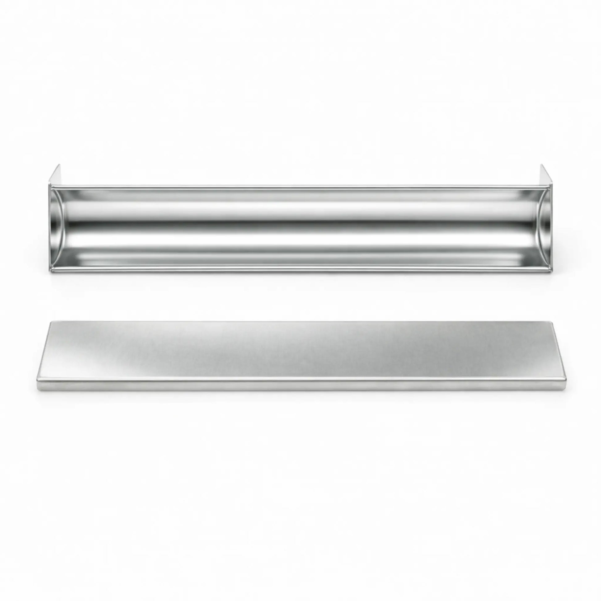 Top view of a professional semicircle stainless steel terrine mold and its matching press lid, designed for creating uniform rounded pâtés and appetizers.
