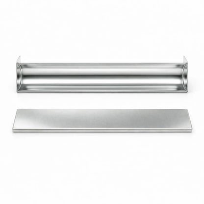 Top view of a professional semicircle stainless steel terrine mold and its matching press lid, designed for creating uniform rounded pâtés and appetizers.