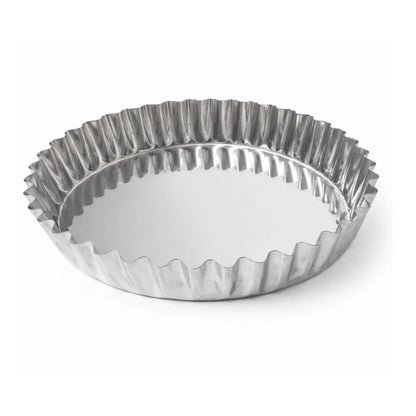 Professional 240mm stainless steel fluted tart ring on a white background.
