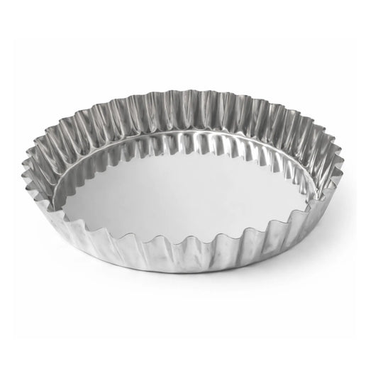 Professional 240mm stainless steel fluted tart ring on a white background.