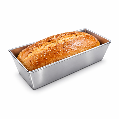 Professional stainless steel loaf pan with freshly baked bread. Ideal for artisan bread, cozonac, and pound cakes.