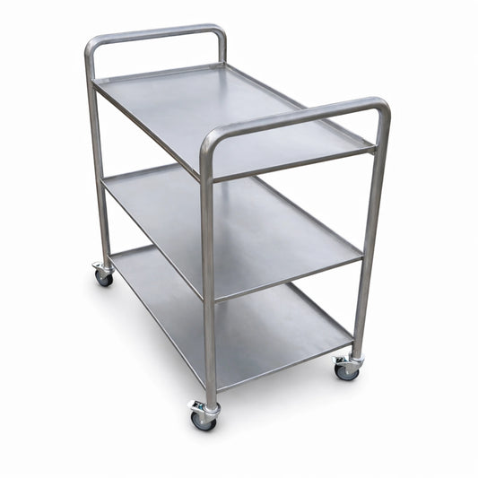 Angled view of stainless steel service trolley AISI 304 with 3 shelves and lockable wheels