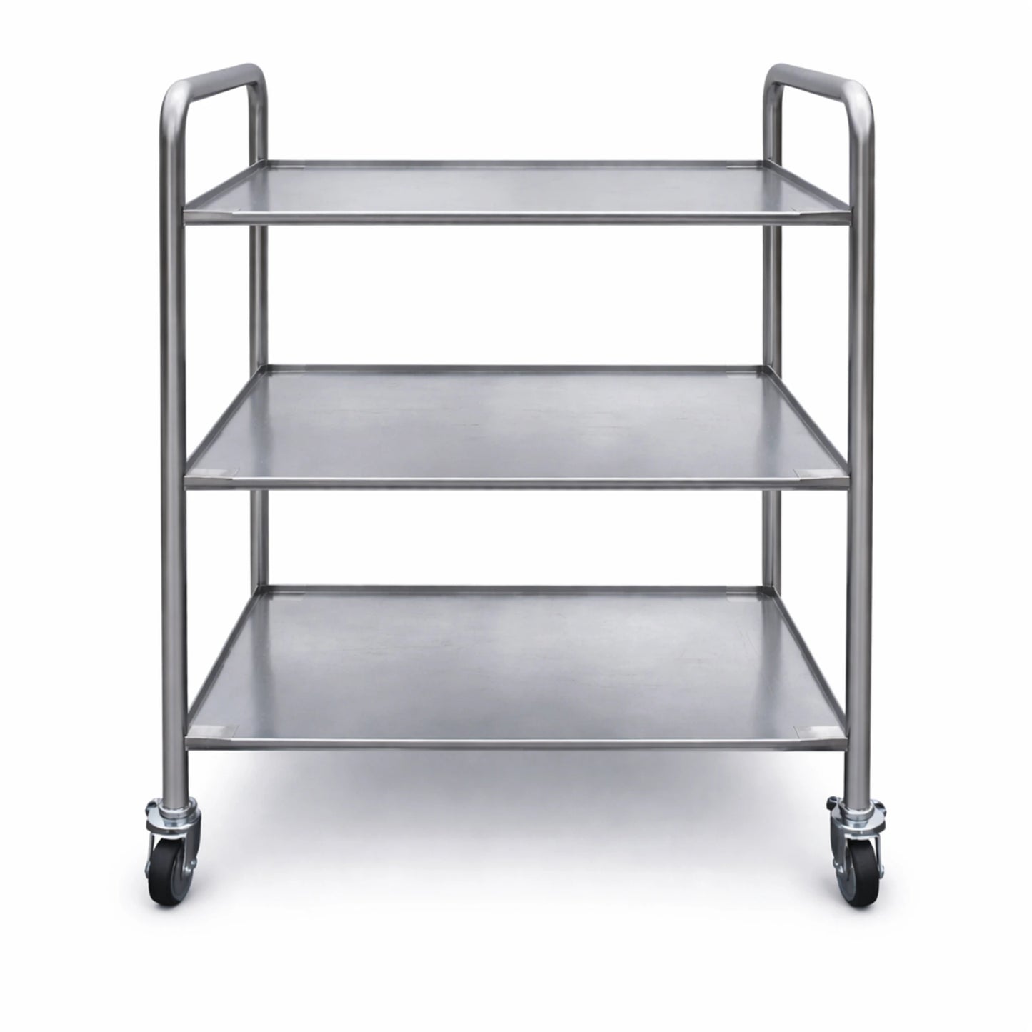 Front view of stainless steel service trolley AISI 304 with 3 shelves and wheels