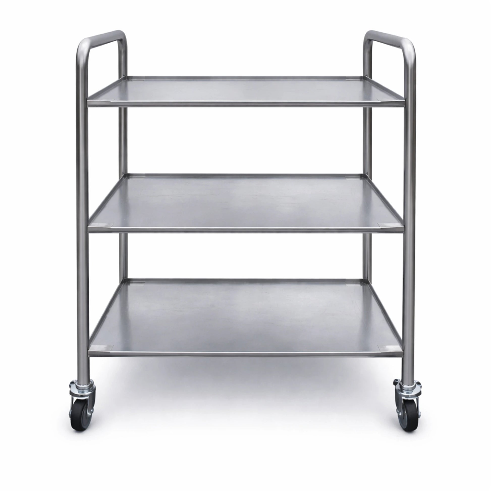 Front view of stainless steel service trolley AISI 304 with 3 shelves and wheels