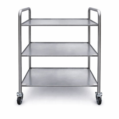 Front view of stainless steel service trolley AISI 304 with 3 shelves and wheels