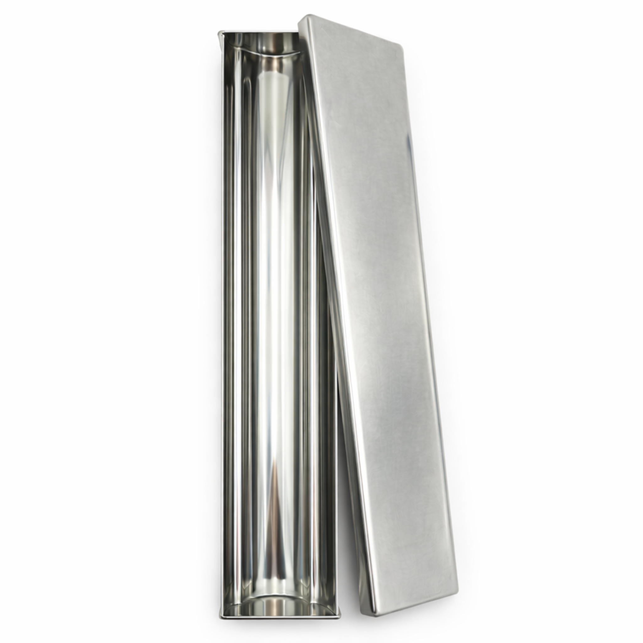 Heavy-duty stainless steel terrine mold body shown with separate flat press lid