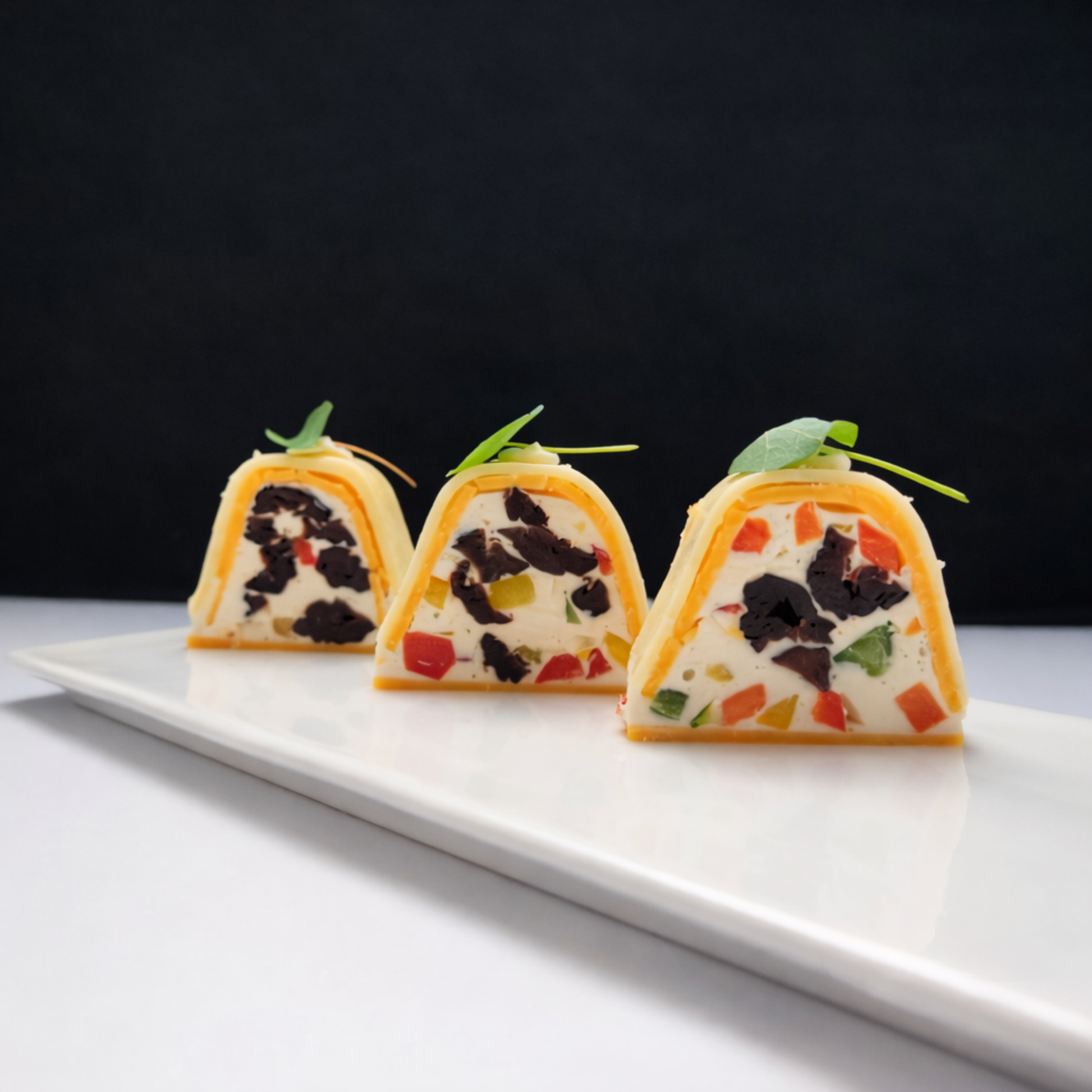 Trapezoid shape pâté appetizer on white plate. Made with professional stainless steel terrine mold for Horeca.
