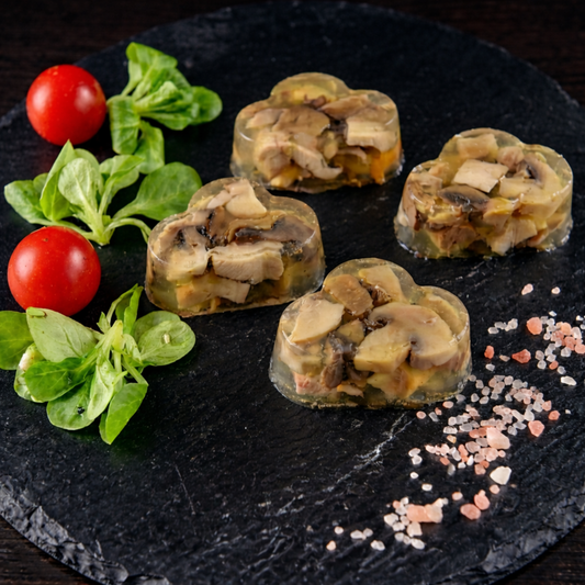 Transparent mushroom aspic appetizer shaped with professional clover mold