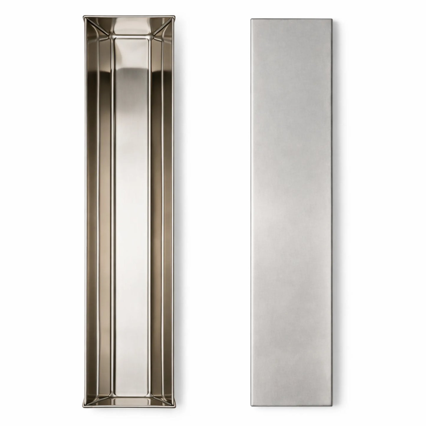 Top view of a professional trapezoid stainless steel terrine mold with its matching press lid, ideal for creating perfectly shaped pâtés and terrines.