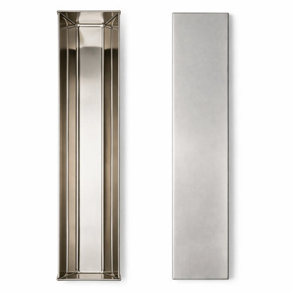 Top view of a professional trapezoid stainless steel terrine mold with its matching press lid, ideal for creating perfectly shaped pâtés and terrines.