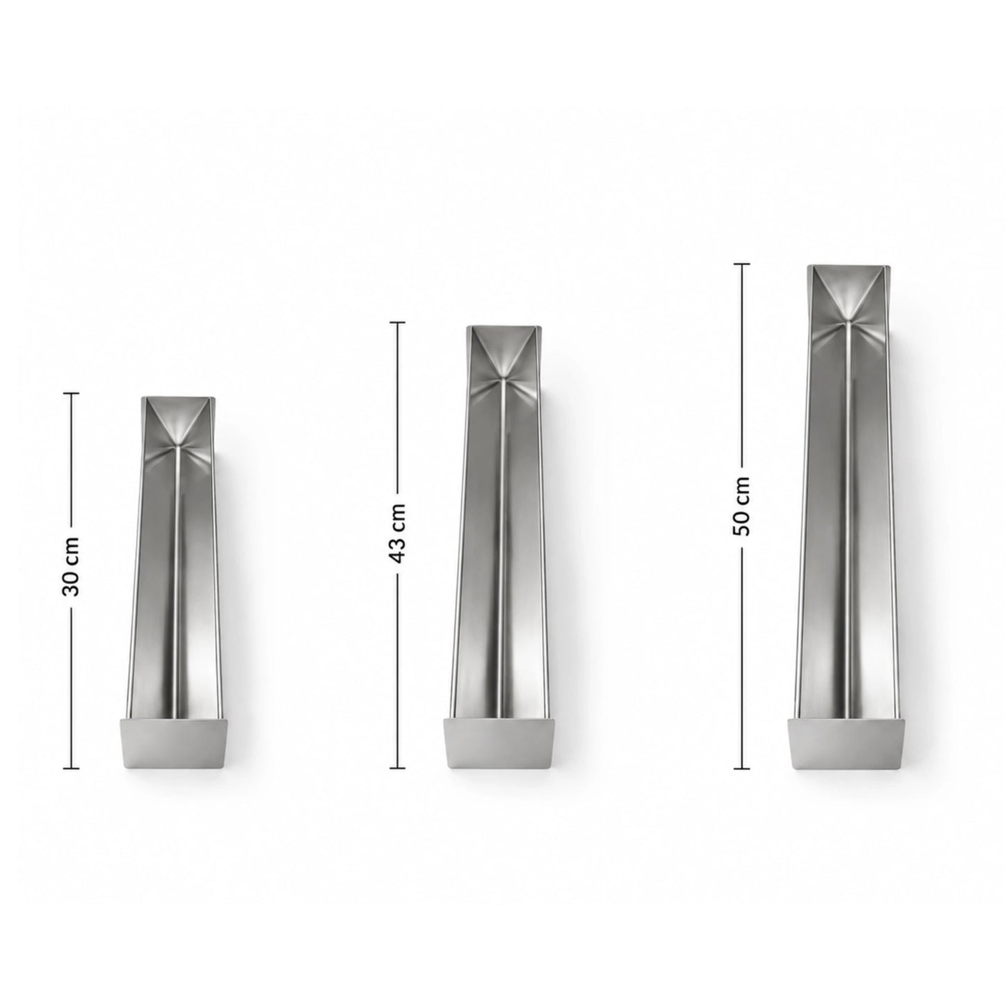 Stainless steel triangular terrine mold shown in three available sizes, 30 cm, 43 cm and 50 cm, on a white background
