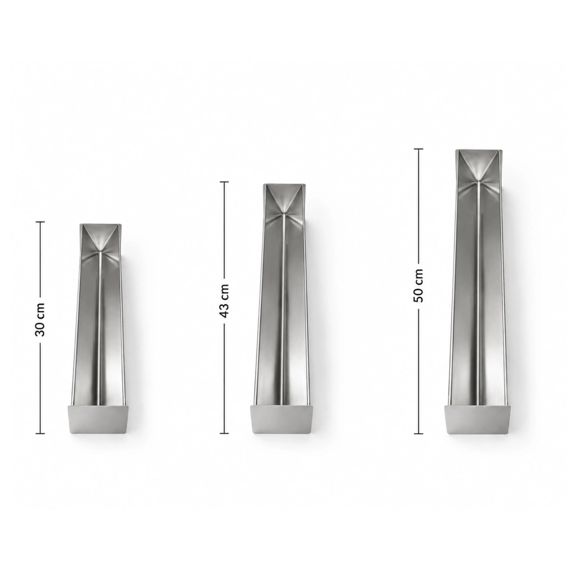Stainless steel triangular terrine mold shown in three available sizes, 30 cm, 43 cm and 50 cm, on a white background