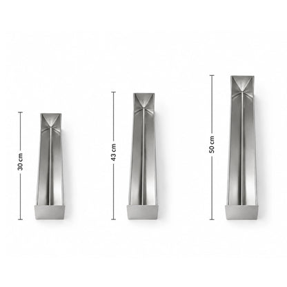 Stainless steel triangular terrine mold shown in three available sizes, 30 cm, 43 cm and 50 cm, on a white background