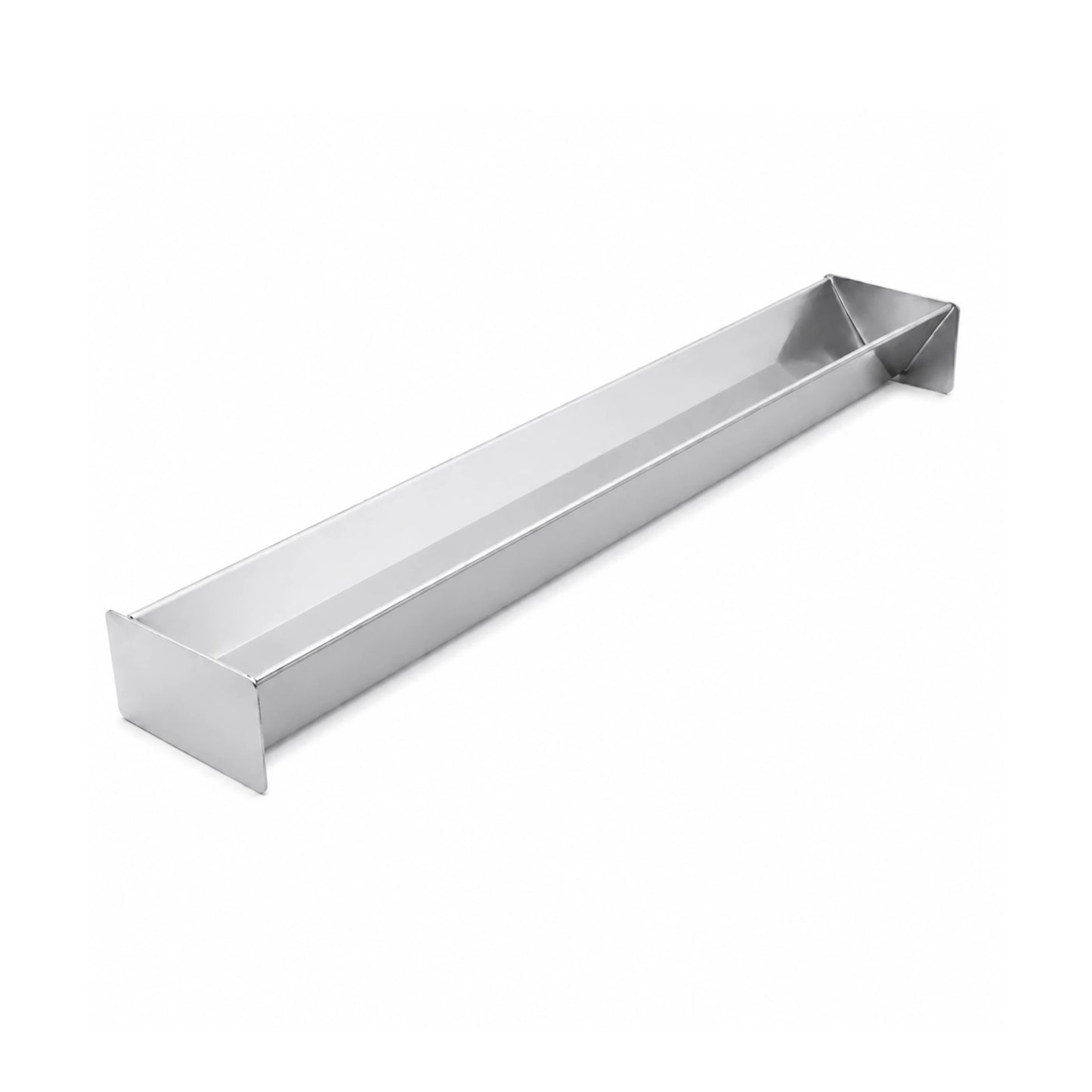 Empty professional stainless steel V-Shape terrine mold resting on a white background, used for triangular shaped foods