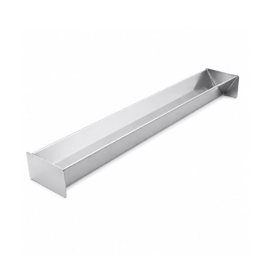 Empty professional stainless steel V-Shape terrine mold resting on a white background, used for triangular shaped foods